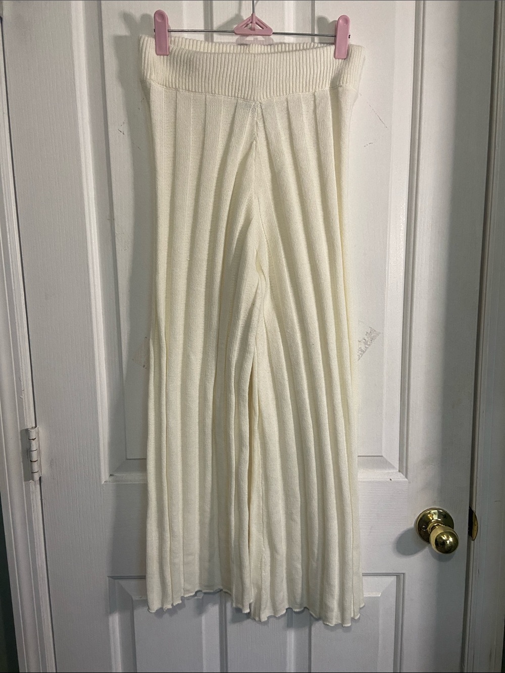 Cream Ribbed Straight-Leg Knit Pants